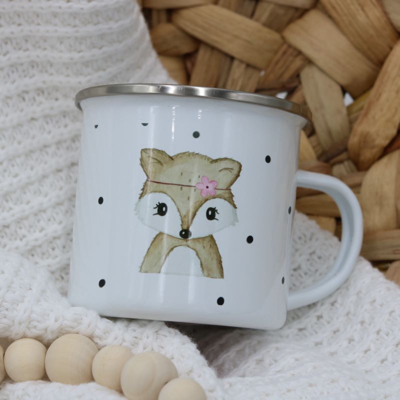 Emailletasse "Fuchs mit Blume"