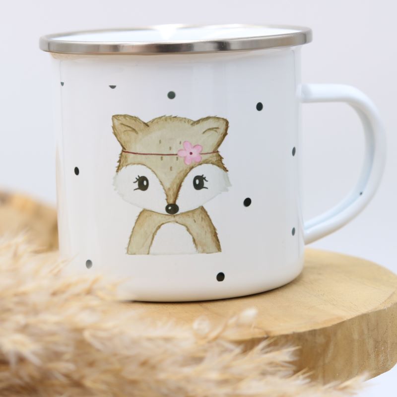 Emailletasse "Fuchs mit Blume"