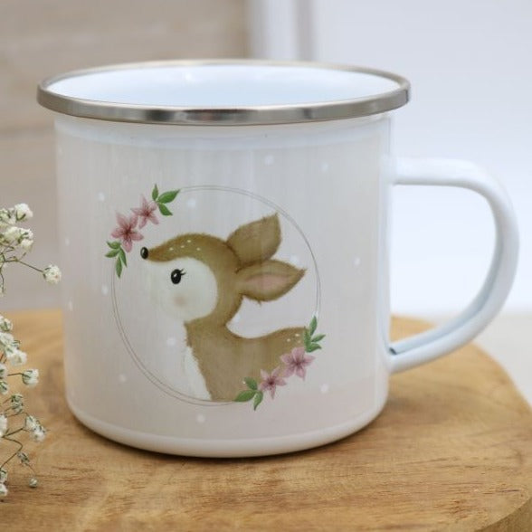 Emailletasse "Reh mit Banderrole"